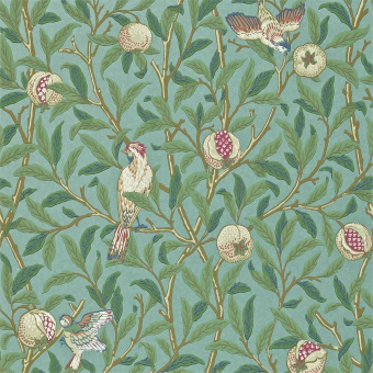 Bird & Pomegranate Wallpaper Turquoise/Coral Morris and Co