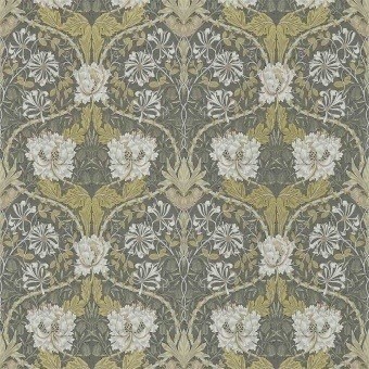 Honeysuckle & Tulip Wallpaper Charcoal/Gold Morris and Co