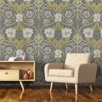 Honeysuckle & Tulip Wallpaper Charcoal/Gold Morris and Co