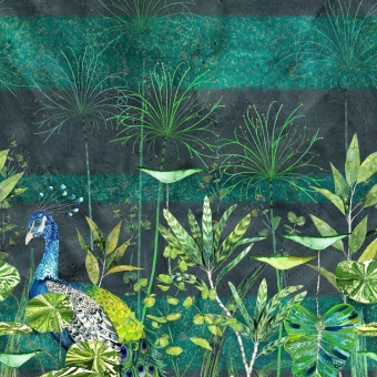Papier peint panoramique Arjuna Leaf With Peacock Viridian Multicolore Designers Guild