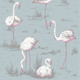 Flamingos Fabric White & Fuchsia on Seafoam Cole and Son