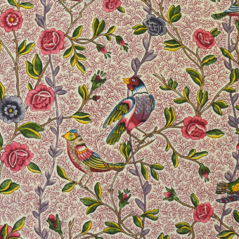 Stoff Fleurs et Oiseaux Grenat/Rose Casal