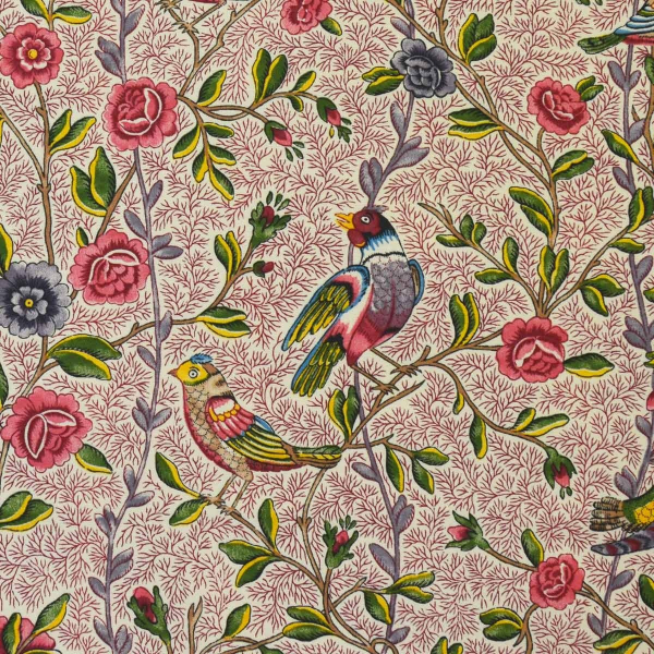 oiseaux fleurs= coton == rideaux tissus ourlé canapé= fond vert cerises 