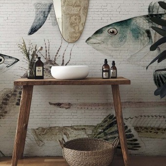 Carta da parati panoramica White Brick Wall & Fish