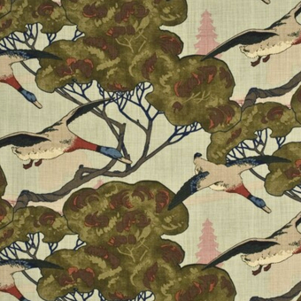 Flying Ducks Fabric Camel/Grey Mulberry