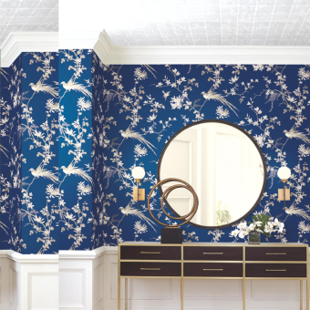 Papier peint Bird And Blossom Chinoserie Blue York Wallcoverings