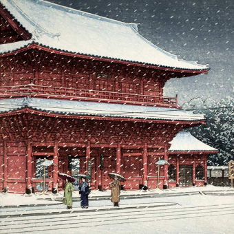 Papier peint panoramique Le temple de Zôzôji sous la neige Snow Etoffe.com x Agence Musées Nationaux