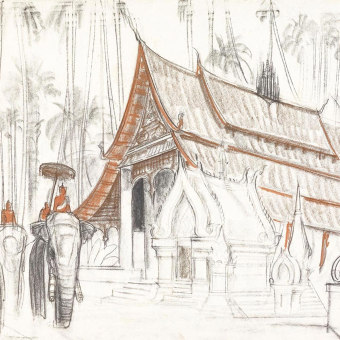 Papier peint panoramique Luang Prabang, vue d'un monastère Oriental Etoffe.com x Agence Musées Nationaux
