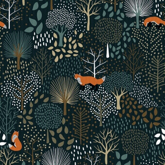 Papier peint Arbres & Animaux de la Forêt noir-bleu-nuit Lilipinso