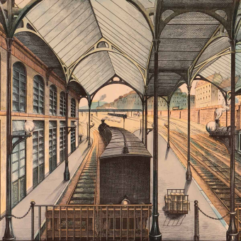 Panneau Gare de Chemin de Fer  400x300 cm - 6 lés Maison Images d'Epinal