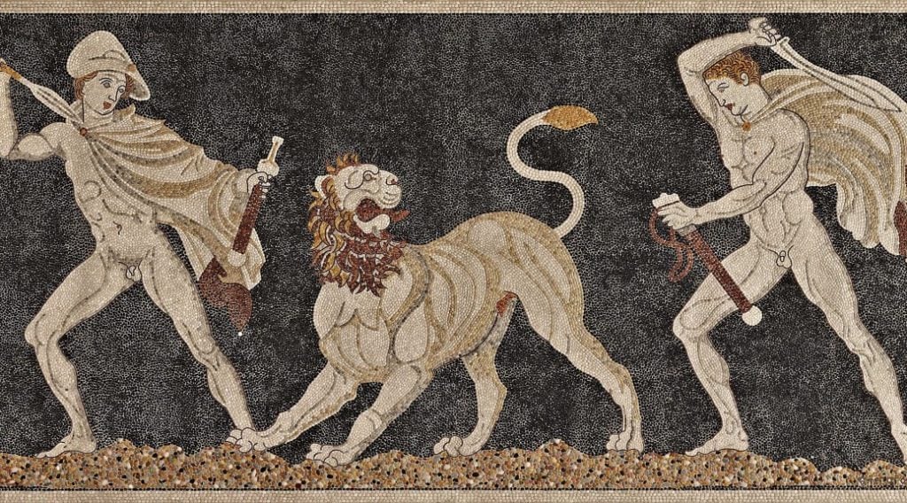 Chasse au lion asiatique sur une mosaïque de Pella qui représenterait Alexandre le Grand et son compagnon Cratère