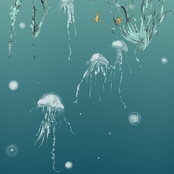 Panoramatapete Méduses Gauche Bleu aqua Edmond Petit