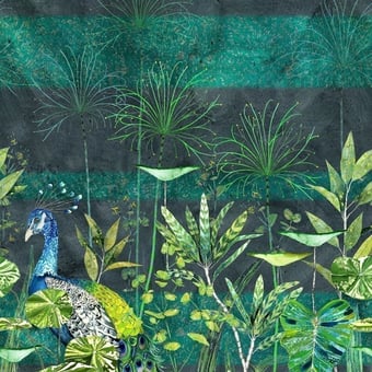 Papel pintado mural panorámico Arjuna Leaf With Peacock Viridian Multicolore Designers Guild