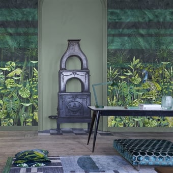 Papel pintado mural panorámico Arjuna Leaf With Peacock Viridian Multicolore Designers Guild