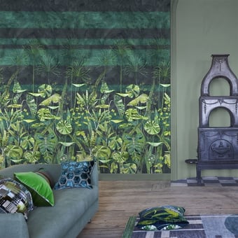 Papel pintado mural panorámico Arjuna Leaf Viridian Multicolore Designers Guild