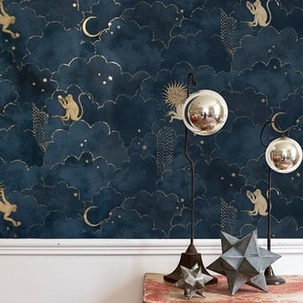 Stars and Monkeys Wallpaper Midnight Blue Les Dominotiers