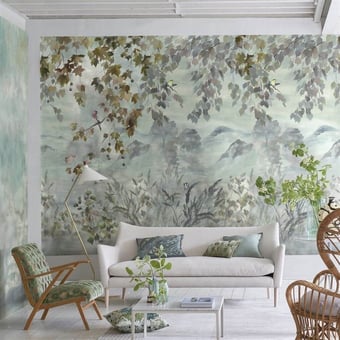 Papel pintado mural panorámico Miyako Scene 2 Dove Designers Guild