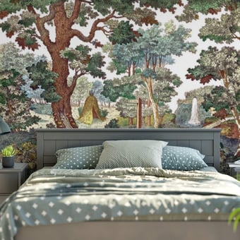 Papel pintado mural panorámico Forêt Hutte Mulicolore Maison Images d'Epinal