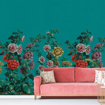 Papel pintado mural panorámico Roses Trémières Turquoise Le Grand Siècle