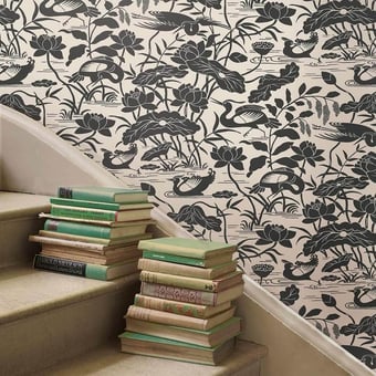 Heron & Lotus Flower Wallpaper Black/White GP & J Baker