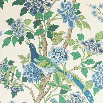 Hydrangea Bird Wallpaper Emerald/Blue GP & J Baker