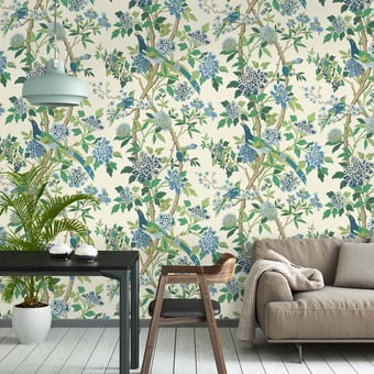 Hydrangea Bird Wallpaper Emerald/Blue GP & J Baker