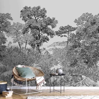 Papel pintado mural panorámico Forêt de Bretagne Grisaille 150x330 cm - 3 listones - lado izquierdo Isidore Leroy