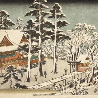Papel pintado mural panorámico Temple Kunda Myôin Neige Etoffe.com x Agence Musées Nationaux