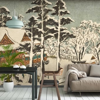 Papel pintado mural panorámico Temple Kunda Myôin Neige Etoffe.com x Agence Musées Nationaux