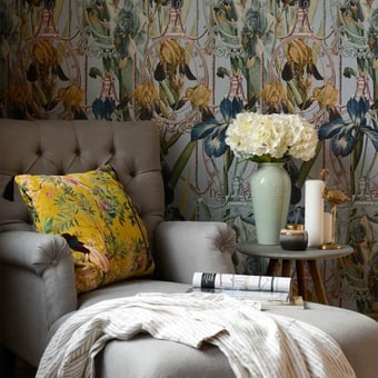 Papel pintado mural panorámico Fleurs d'Iris Aquamarine Mindthegap