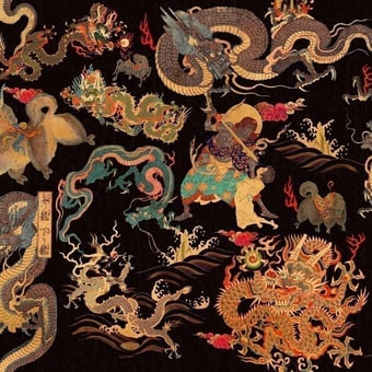 Papel pintado mural panorámico Dragons Of Tibet Red/Gold Mindthegap