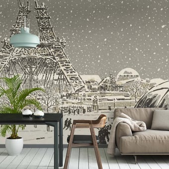 Papel pintado mural panorámico La Tour Eiffel en construction Neige Etoffe.com x Agence Musées Nationaux