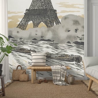Papel pintado mural panorámico Les Péniches Sépia Etoffe.com x Agence Musées Nationaux