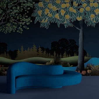 Carta da parati murale Wild Orchard Collage bleu-nuit Yo2