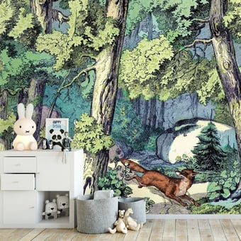 Papel pintado mural panorámico Fond de Forêt et Renard Renard Maison Images d'Epinal