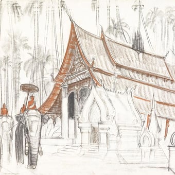 Carta da parati Murale Luang Prabang, vue d'un monastère Oriental Etoffe.com x Agence Musées Nationaux
