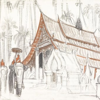 Papel pintado mural panorámico Luang Prabang, vue d'un monastère Oriental Etoffe.com x Agence Musées Nationaux