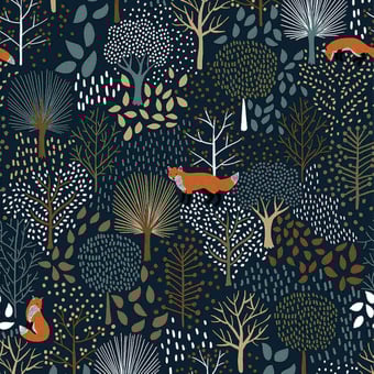 Carta da parati Arbres & Animaux de la Forêt noir-bleu-nuit Lilipinso
