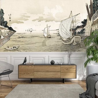Papel pintado mural panorámico Vue de Tsukudajima à Edo Horizon Etoffe.com x Agence Musées Nationaux
