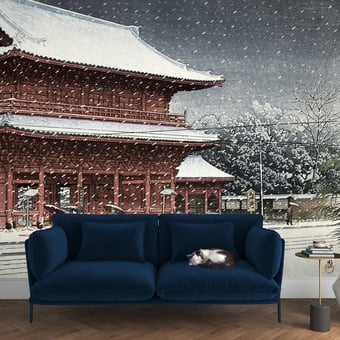 Papel pintado mural panorámico Le temple de Zôjôji sous la neige Snow Etoffe.com x Agence Musées Nationaux