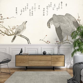 Papel pintado mural panorámico Une myriade d'oiseaux Raffia Etoffe.com x Agence Musées Nationaux