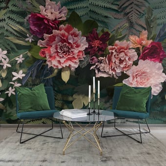 Papel pintado mural panorámico Unfading Flowers Colossal Oeillet Rebel Walls