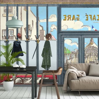 Carta da parati murale Café de la Gare 390x300 cm - 6 lés Maison Images d'Epinal