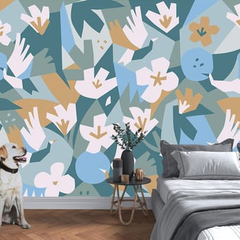 Papel pintado mural panorámico Les Cerisiers Bleu/Rose Etoffe.com x Claire Prouvost