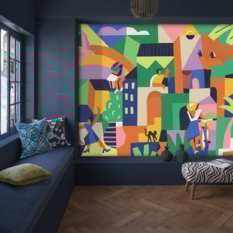 Panoramatapete Les Voisins Vert Etoffe.com x Claire Prouvost