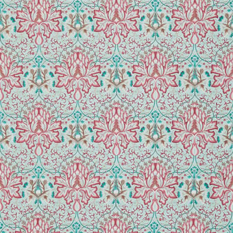 Artichoke Embroidery Fabric Aqua Coral Morris and Co