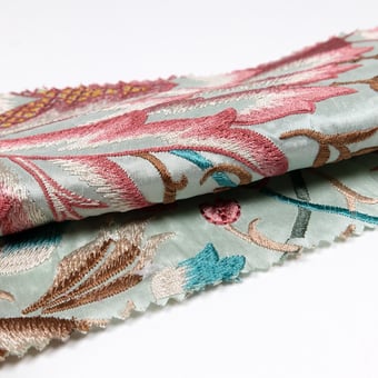 Tessuto Artichoke Embroidery Aqua Coral Morris and Co