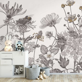Papel pintado mural panorámico Fleurs des Champs Graphite Etoffe.com x Catherine Prigent