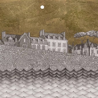 Papel pintado mural panorámico Promenade à Roscoff Graphite Etoffe.com x Catherine Prigent