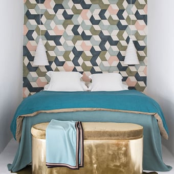 Carreau ciment Hex Thirds Mix Celadon, Cypres, Lichen, Pale Coral Popham design